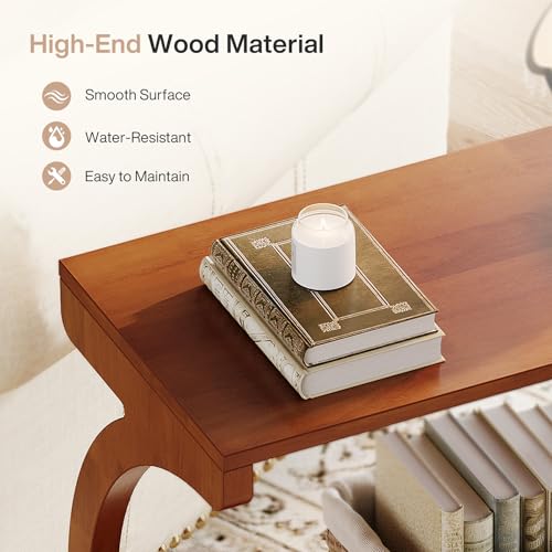 Image of Tribesigns Solid Wood End Table, Narrow 2-Tier Side Table with Storage Shelf, Mid Century Accent Bedside Table with Curved Crossed Legs for Living Room, Bedroom, Small Spaces, Walnut Color