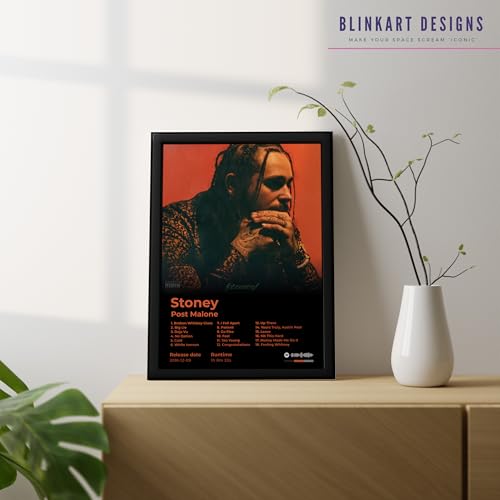 Image of BLINKART Post Malone- Stoney Wall Photo Frames | Wall Art for Bedroom, Living Room, Studio or Office | Album Cover Print with Spotify Song Link QR Code | Gift for Fans - 8x12 In