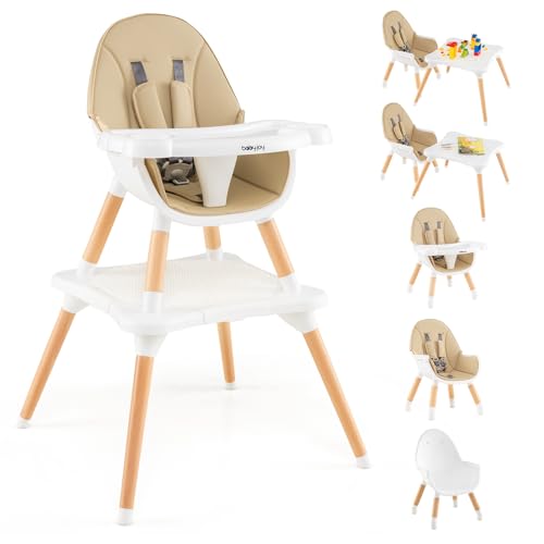 baby joy 6 in 1 high chair convertible high chairs for babies and toddlersbooster seattable and chair set infant wooden highchair w 5-point harness 4-position removable tray amp pu cushion khaki