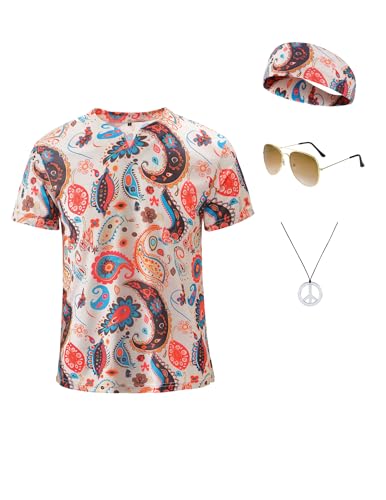 Inrajoper Mens 60s 70s Outfits 4 Pcs Hippie Disco Costumes Retro Paisley T-Shirt Accessories Set for Theme Party Multicolor Small