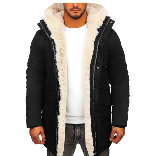 Mens Sherpa Lined Coat with Hood Warm Fuzzy Fleece Lined Long Jacket Trench Coats Winter Thick Sheepskin Coat for Men
