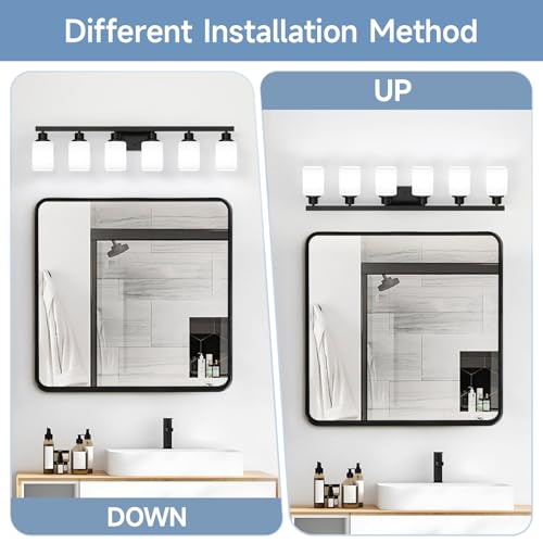 Image of 6 Light Bathroom Vanity Light, Modern Matte Black Bathroom Light Fixtures with Square Frosted Glass, Wall Sconces fixtures Over Mirror Restroom,Living Room Hallway E26