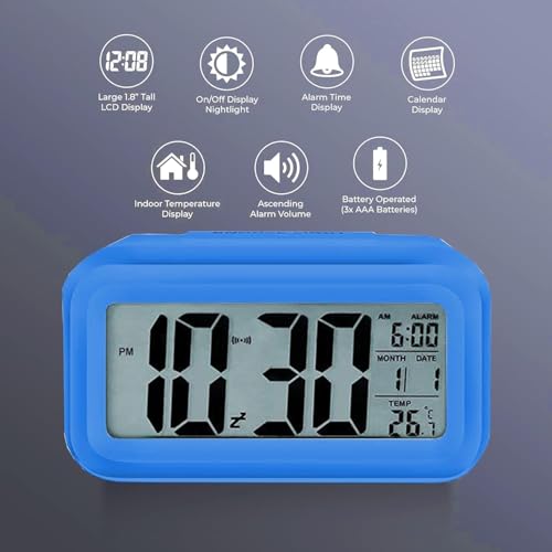 Image of Casa Copenhagen Digital Alarm Clock Table Clock for Students, Home, Office, Corporate with Automatic Sensor, Date & Temperature - Blue