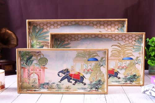 Image of Rectangular Wooden MDF Serving Trays Set of 3 (16x10, 14x8, 12x6 Inches) - Enamelled Finish with Easy-Grip Handles, Perfect for Dining, Tea, Snacks & Home Decor (Red Elephant Tray)