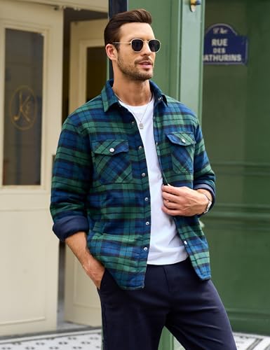 Image of MAGCOMSEN Men's Flannel Shirts Long Sleeve Quilted Lined Button Down Plaid Flannel Jacket Heavyweight Warm Winter Coat