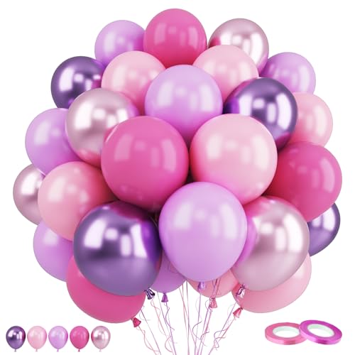 Image of Funhot Pink Purple Balloons Set, 60PCS Purple and Pink Party Balloon, 12Inch Pastel Metallic Purple Pink Latex Balloons Birthday Balloons for Girls Princess Butterfly Wedding Baby Shower Decorations