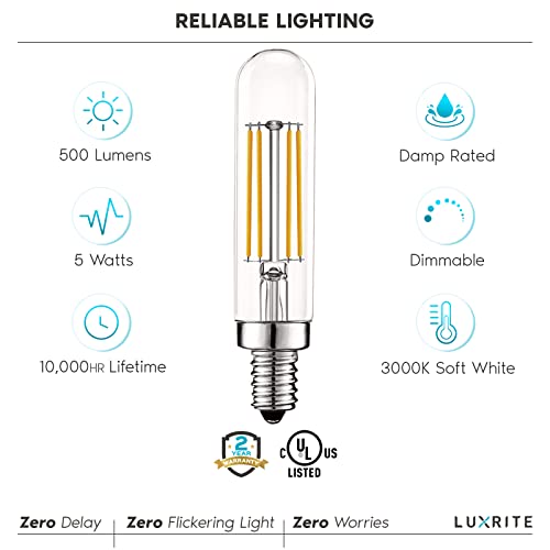 Luxrite Vintage E12 Led Bulb 60W Equivalent, T6 T6.5, 3000K (Soft White), 500 Lumens, Dimmable Candelabra Led Tube Bulbs 5W, Clear Glass, Edison Filament Tubular Light Bulb, Ul Listed (6 Pack) #TOP6