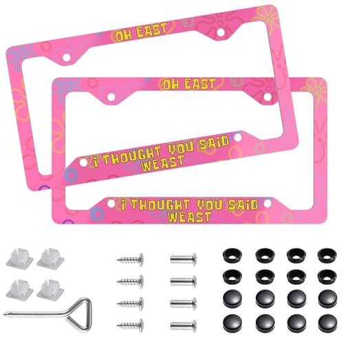 2Pcs Oh East, I Thought You Said Weast Funny Design Aluminum Alloy License Plate Holder License Plate Frames with Screw Cap