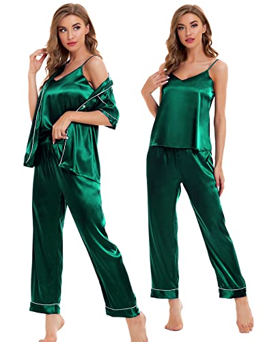 Image of SWOMOG Womens Silk Satin Pajamas Sets 4pcs Sleepwear Sexy Cami Shorts Set and Button Down Short Sleeve Pjs Loungewear Persian Green XX-Large