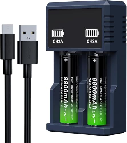 PAOWANG 18650 Rechargeable Battery with 1 Charger 2 Pack 3.7V 9900mAh Large Capacity for Flashlights Headlamps Toys Cameras (Button Top)