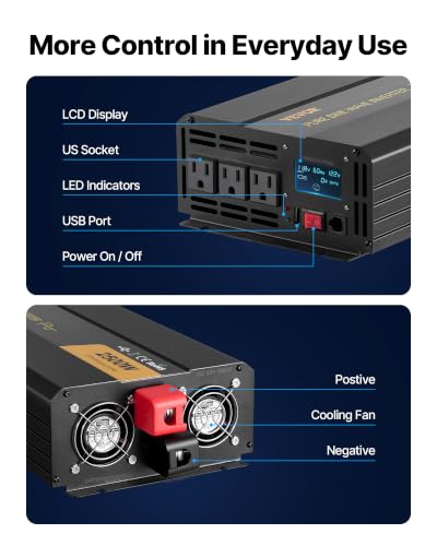 Image of VEVOR 2500W Pure Sine Wave Inverter, 12V DC to 120V AC Car Inverter, 3 AC Outlets, USB Port, LCD Display, Remote Controller, Black, for RV Truck Car Solar System Travel Camping