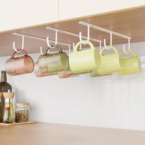 Luckinow 3 Pack Mug Hooks Under Cabinet, Under Shelf Coffee Mug Holder with 9 Hooks for Displaying Mugs and Kitchen Utensils, White