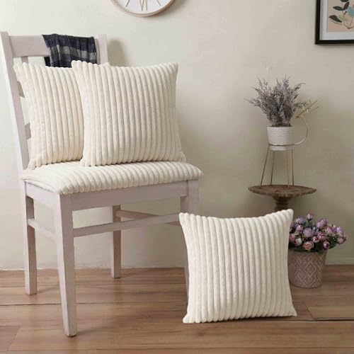 Image of Yellow Weaves Pencil-Stripe Fur Cushion Covers | Soft Polyester | Decorative Sofa & Throw Pillow Covers | 16x16 Inches, Pack of 3 (Ivory)