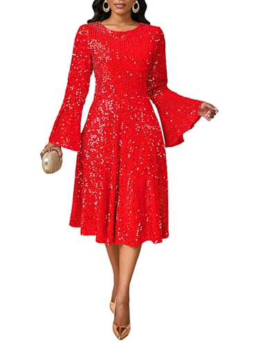 BINXIAD Damen Rundhals Pailletten Kleid Glitzer A Linie Kleid Sparkly Langarm Hohe Taille Midi Kleider, Rot/Ausflug, einfarbig (Getaway Solids),...