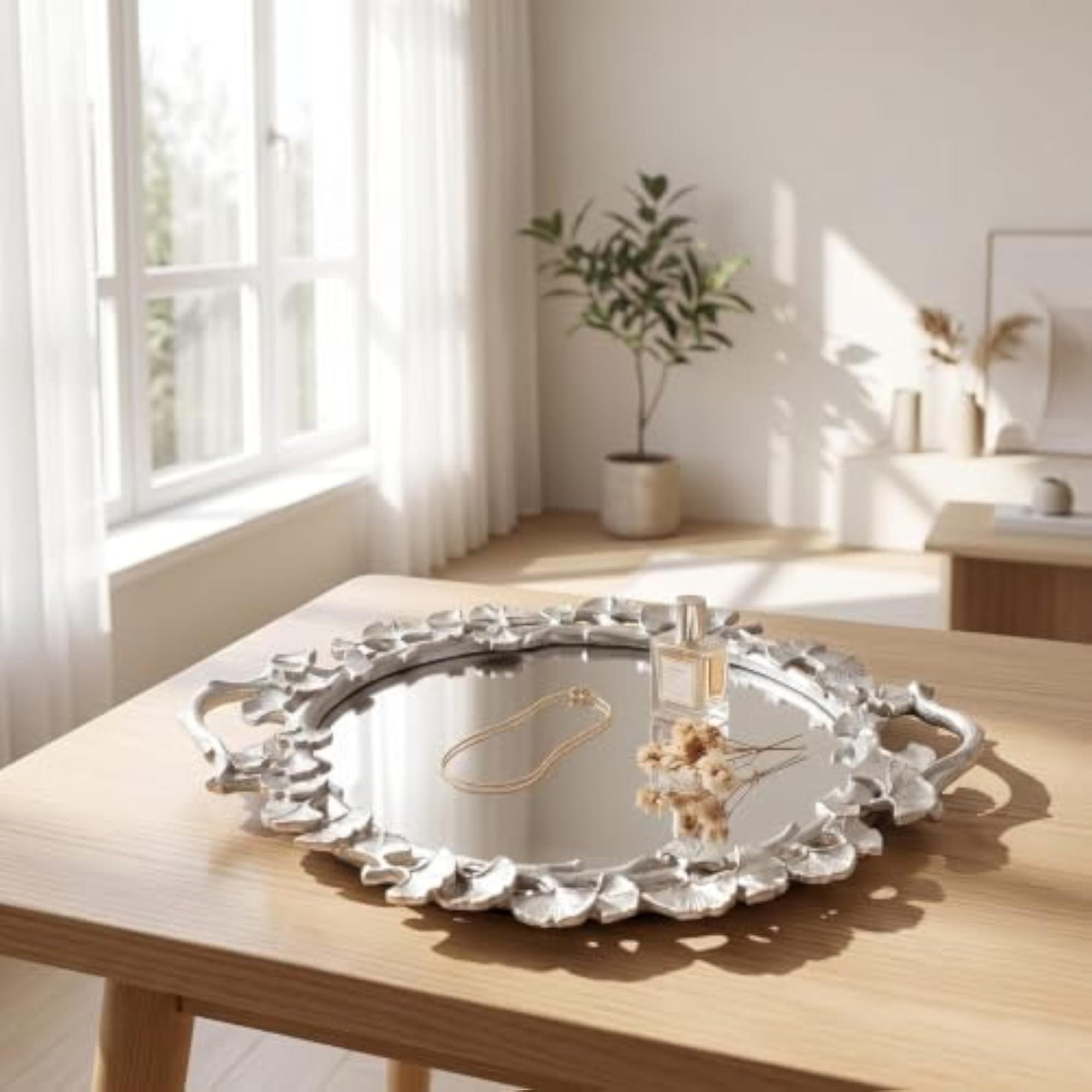 Antique-Style Ginkgo Leaf Tray, Silver Tray with Mirrored Glass Base