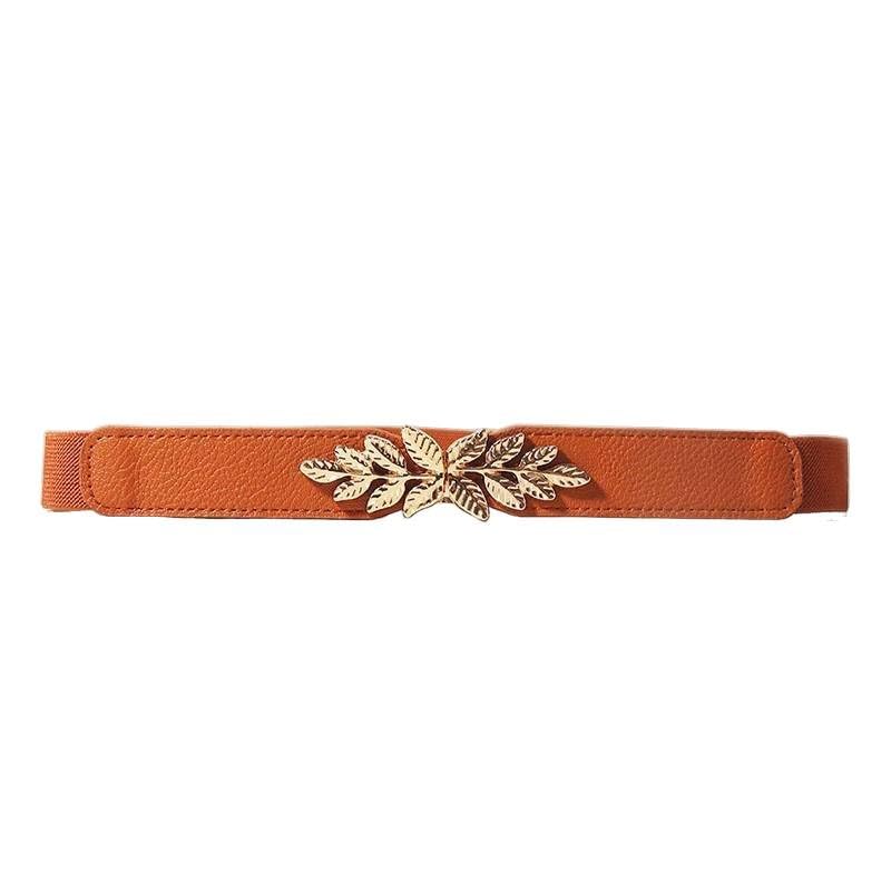 Waist Belt for Women Stretchy Waist Belt Golden Leaf Charm Inter-Lock Buckle Design Fashion Women Waist Belt Decorative Dress Belt, Suit Belt, Blazer Belt, Shirt Belt, Orange Brown Color-image-9