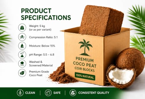 Image of Premium Cocopeat Block 5 Kg with Smart Moisture-Lock Technology | 100% Organic, Ultra-Low EC & pH Balanced. Ideal for Seed Germination, Potting Mix, and Indoor & Outdoor Gardening.