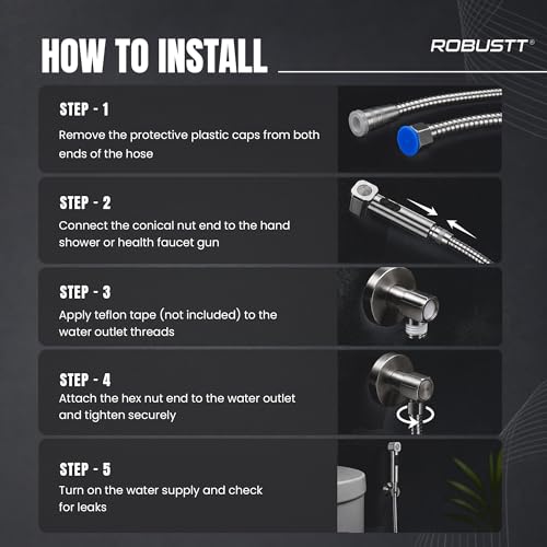 Image of Robustt Premium 304 Stainless Steel Jet Spray Hose Pipe for Toilet (Silver), 1.2m Flexible Hose Pipe with Anti Corrosion Finish, Hand Shower Pipe, Universal G1 /2 Fittings, High Pressure Faucet Pipe