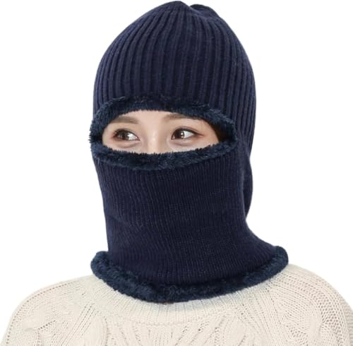 Image of Snow Proof Inside Fur Wool Unisex Monkey Beanie Cap Hat | Breathable Knit Thick Fleece Lined Foldable Use as Skull Woolen Winter Caps Hat Men & Women | Motorcycle Balaclava | Freesize