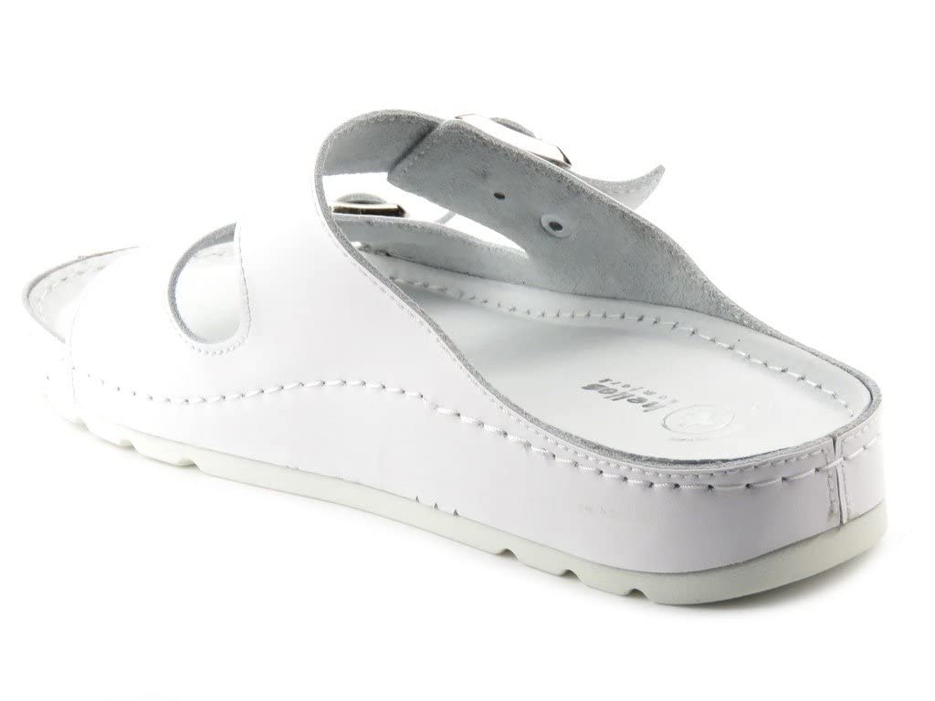 Zapatillas Sanitarias Médicas Para Mujer Hechas De Cuero De Grano Natural Suela Plana Esponja Suave Correas Ajustables Amortiguador Blanco Talla 40