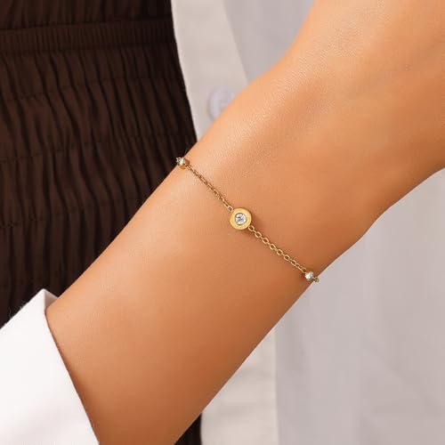Gold Bracelets for Women,14K Gold Stainless Steel Roman Numeral Bracelet, Cubic Zirconia Simulated Diamond Bracelet, Adjustable Minimalist Chain Jewelry Gift for Women3