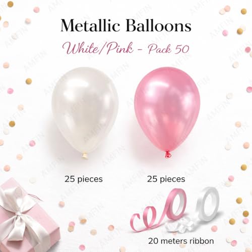 Image of AMFIN Metallic Balloons white & Pink for Birthday Decoration (Pack of 50)