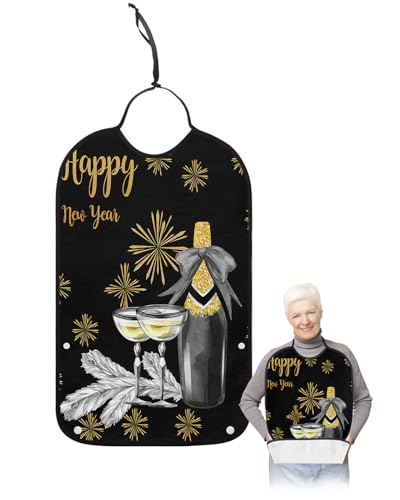 LEOKOTI Hapyy New Year Adult Bibs for Eating, Waterproof Bibs with Food Catcher & Adjustable Snap Closure, Yellow Firework Champagne Classic Black Washable Clothing Protectors Adult Bibs for Elderly