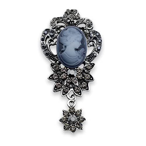 Victorian Lady Beauty Cameo With Crystal Brooch Pin Maiden Flower Crystal Rhinestone Pin Brooch (Style 1 Silver) #TOP3