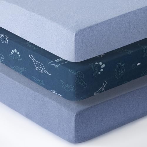 Image of Dreamology 100% Cotton Jersey Knitted Standard Crib Sheets for Boys and Toddler, Soft and Breathable, Crib Sheets Girl Snug Fit, Machine Washable (P3, Dino, Sky Blue-Denim, 28"x52"x9")