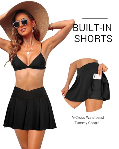 Zmart High Waisted Swim Skirt - Women V Cross Bathing Suit Pleated Skorts Bottom with Boxer Liner & Pockets3