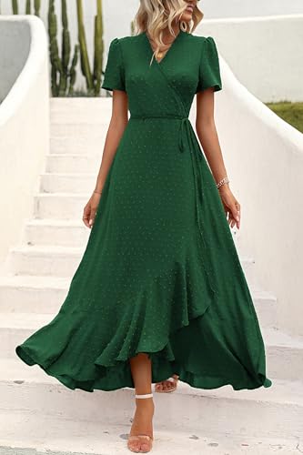 Image of PRETTYGARDEN Women's Summer Wrap Maxi Dress Casual Boho Floral V Neck Short Sleeve Ruffle Hem Split Beach Long Dresses