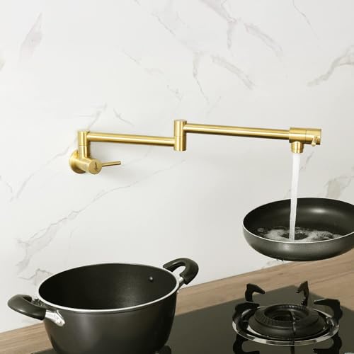 Image of Aquieen Wall Mounted Pot Filler Kitchen Faucet | Premium Brass Construction | Dual Valve Double Joint Swing Arm | 360 Rotating Folding Tap | Leak-Proof Ceramic Cartridge | Brushed Gold