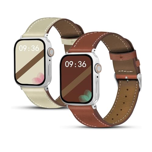 2 Pack Genuine Leather Bands (Brown and Beige) Compatible with Apple Watch Band for Women Men 42mm 41mm 40mm 38mm, for iWatch Series 10 9 8 7 6 SE 5 4 3 2 1