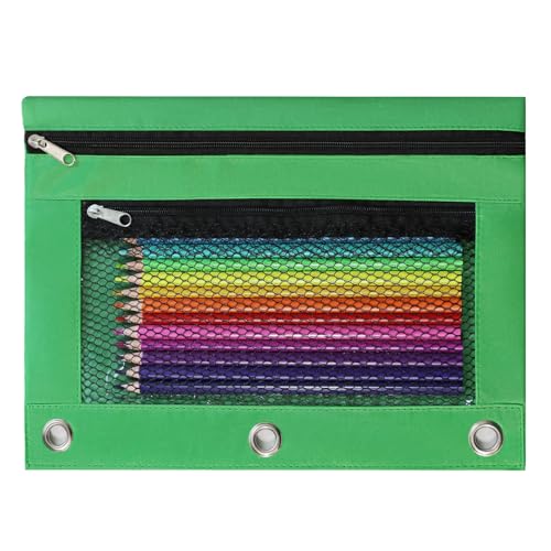Image of Pencil Pouch for 3 Ring Binder, Heavy Duty Canvas Dual Zipper Pen Bag with Clear Window, Smooth Metal Zipper, Fit Standard 3-Ring Binders for School Office Travel Supplies (Green)