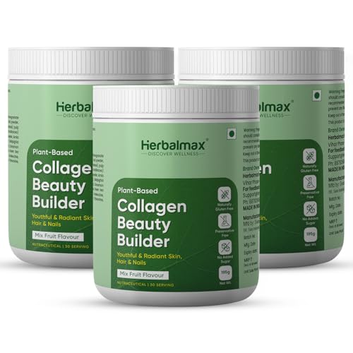 Image of Herbalmax 100% Veg Collagen Beauty Builder 195g Plant-Based Collagen Supplement for Hair, Skin, Nails & Joints | With Vitamin C & E | Mixed Fruit Flavour | Naturally Gluten-Free & No Added Sugar Pack of 3