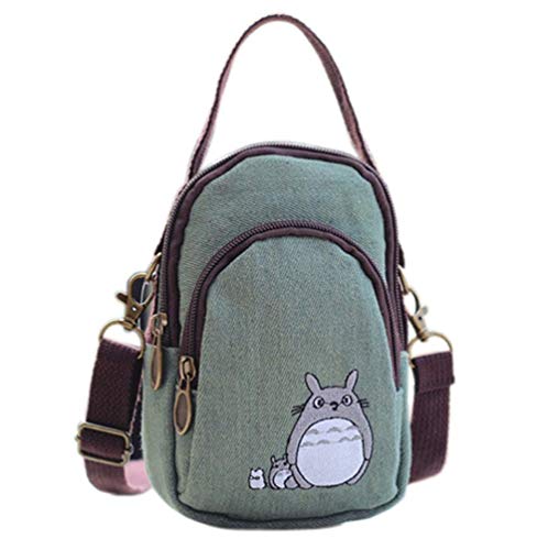 Preisvergleich Produktbild YaJaMa Kleine Umhängetasche aus Segeltuch mit Reißverschluss, mehrere Taschen, Handy-Geldbörse, Smartphone-Geldbörse für Frauen und Mädchen, mit Handtrage, Grn (Grün Totoro), Small