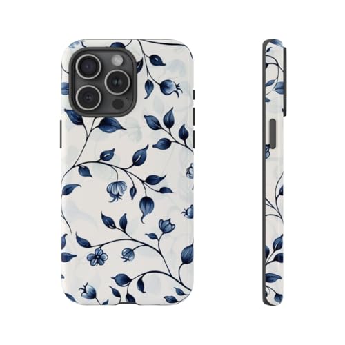 Coque rigide iPhone 15 Pro Max motif floral bleu vigne brillante antichoc