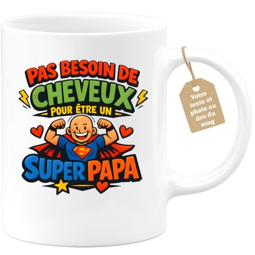 quotedazur Café-Croissant - Mug Personnalisé Papa Texte Photo - Tasse Fête Des Pères Pas Besoin De Cheveux Pour Être Un Super Papa - Cadeau Drôle...