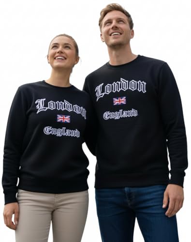Sweat brodé Londres Angleterre unisexe noir bleu marine blanc avec badge Union Jack LE202BN