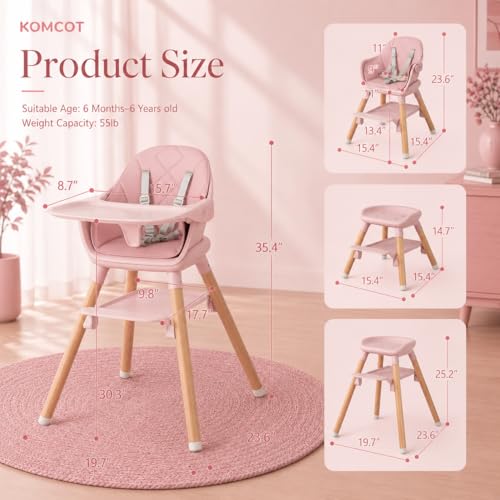 Image of Baby Girl High Chair, 6 in 1 Wooden Convertible High Chairs for Babies and Toddlers, Booster Seat with Double Tray & Reversible Footrest Baby Highchair, 5-Point Harness Baby Feeding Chair, Pink