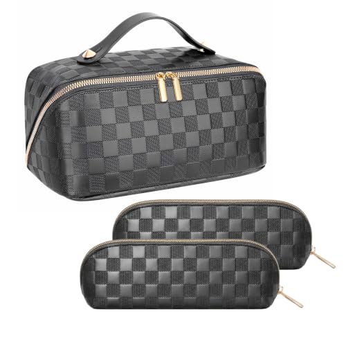 ALEXTINA Travel Makeup Bag Set, Checkered PU Leather Cosmetic Bag, Black