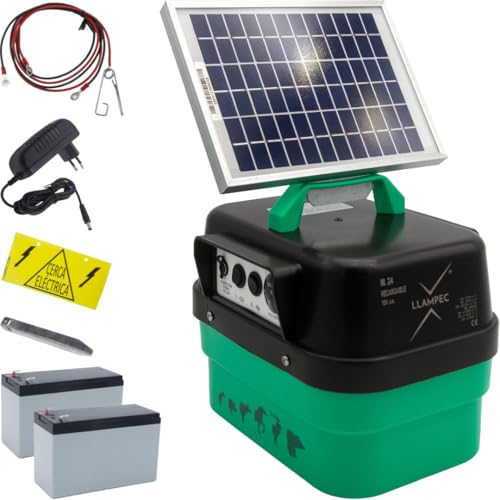 Llampec Pastor Eléctrico Solar 24S con 2 Baterías 12 V 7Ah y Panel Solar Incluidos – 3,5 J - 10.000 V - 35 km de Alcance – Cerca Eléctrica Para Ganado, Caballos, Ovejas y Perros – Fabricado en España