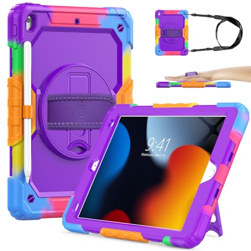 SIBEITU Case Compatible with iPad 9th/8th/7th Generation with Screen Protector Pen Holder, iPad Case 10.2 Inch, Heavy Duty Protection Cover W/Stand Hand Shoulder Strap for iPad A2602 A2197