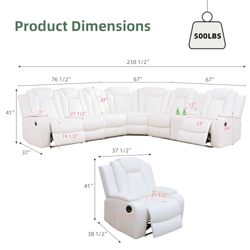 Image of Power Reclining Sectional Sofa for Living Room Furniture Sets - White Leather Sectional Recliner Sofa, LED Lights, Storage Console & Cup Holders, Modern Power Recliner Couch