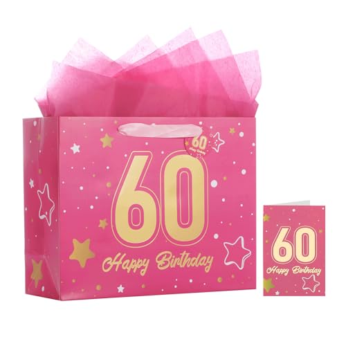 Image of Powbrace 13 inch Pink 60th Birthday Gift Bag with Tissue Paper and Greeting Card for Party,Happy Birthday Gift Bag for Men Women,Gift Bags Medium size(1 Pink 60th)