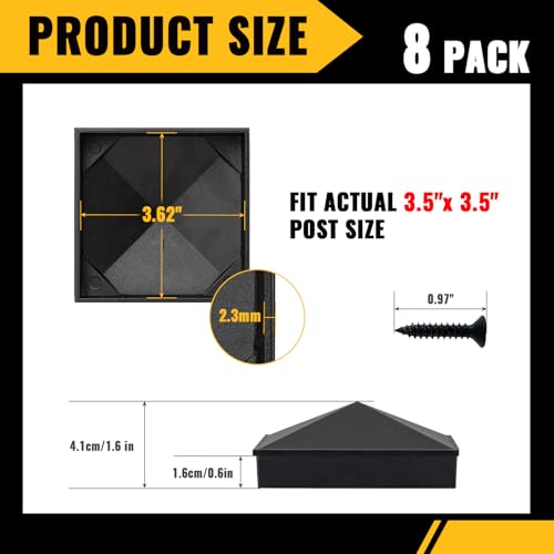 Image of VIVIDA 4x4 Aluminum Post Caps(Actual 3.5 inch x 3.5 inch), Black Metal Fence Post Caps with Waterproof Matte Powder Coated, for Wooden Fence, Deck, Mailbox, Patio, Screw & Driver Bit Included, 8 Pack