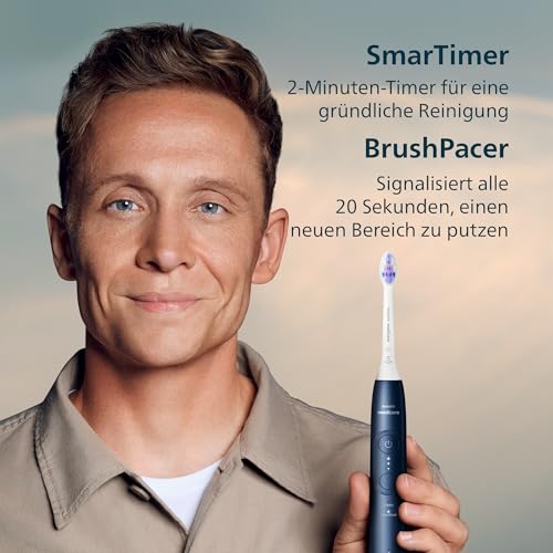 Philips Sonicare 6100 elektrische Zahnbürste, Schallzahnbürste, 2 Putzmodi, 3 Intensitätsstufen, Andruckkontrolle, EasyStart, SmarTimer, Reiseetui, Marineblau, Modell HX7403/01 [Neue Technologie]