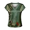 Women's V-neck T-shirt with floral sketch print in olive green, short sleeve top with botanical drawing, casual nature-inspired summer shirt for leisure, Style_r01 Green, L #2