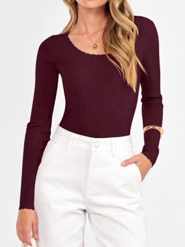 ANRABESS Women’s Long Sleeve Scalloped Scoop Neck Sweater,Wine Red,XS — view 4