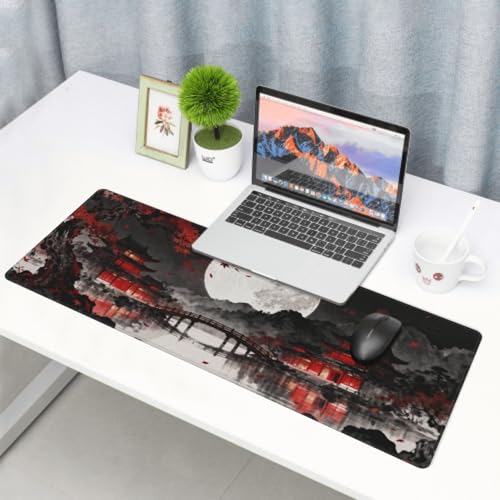 Image of Watercolor Japanese Mouse Pad 31.5x11.8 XL Black Red Lake Pavilion Tree Anime Design Extended Large Mousepad Keyboard Mouse Mat Desk Pad with Non-Slip Rubber Base Stitched Edges for Home Office Game
